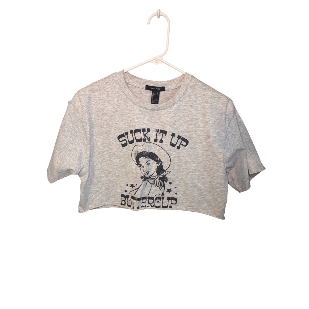 Forever 21 Womens Crop Top S Grey Suck It Up Buttercup Graphic Western Cowgirl